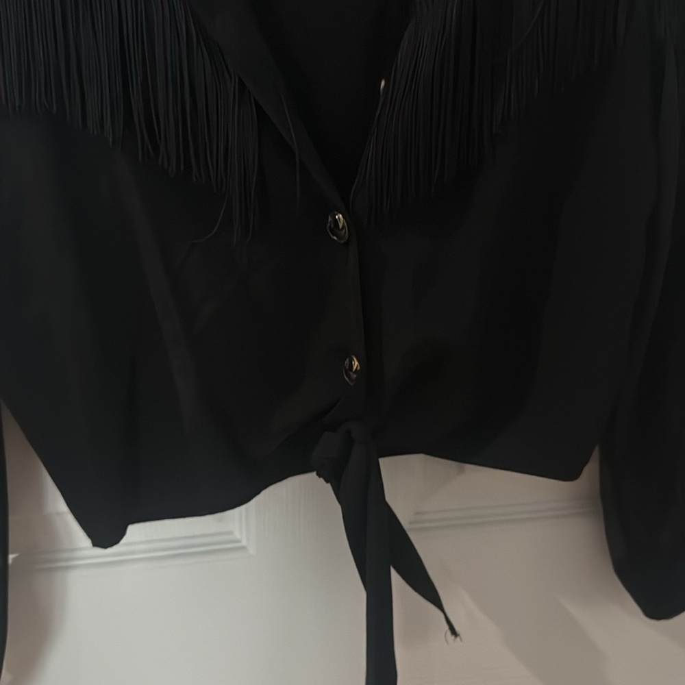 VINTAGE 80s SAM. Black Sheer Button-Down Shirt crop with tassels and lace small - Picture 4 of 8